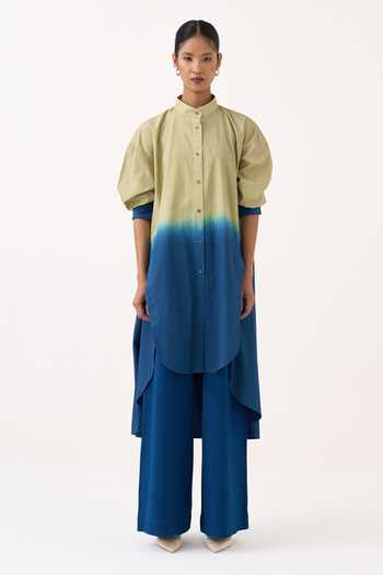 Three_Green Cotton, Poplin Mandarin Collar Dip-dye Side Button Tunic _at_Aza_Fashions