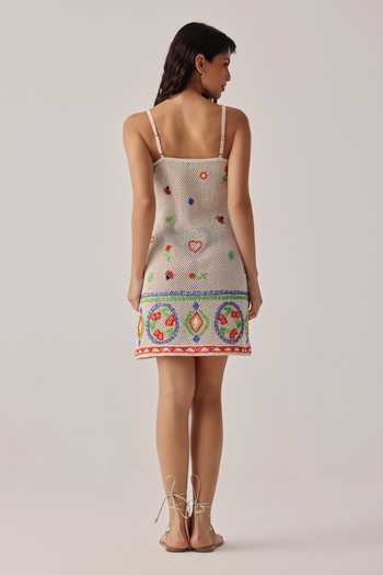 Shop_NOIB_Multi Color Square Neck Bardot Ecru Mini Coverup Dress _at_Aza_Fashions