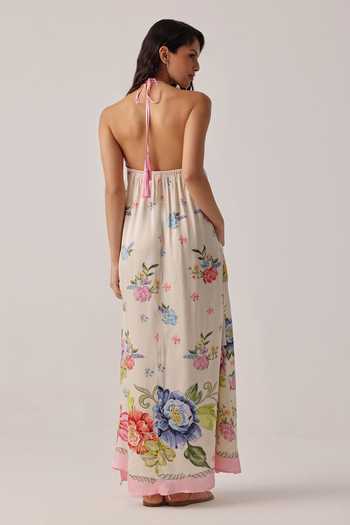 Shop_NOIB_Multi Color Satin, Modal Halter Neck Riva Bloom Coverup Crochet Dress _at_Aza_Fashions