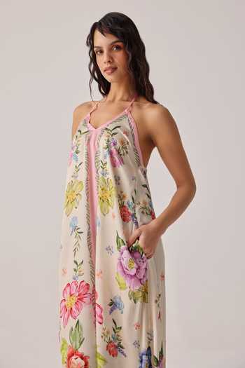 NOIB_Multi Color Satin, Modal Halter Neck Riva Bloom Coverup Crochet Dress _Online_at_Aza_Fashions
