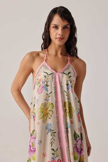 Buy_NOIB_Multi Color Satin, Modal Halter Neck Riva Bloom Coverup Crochet Dress _Online_at_Aza_Fashions