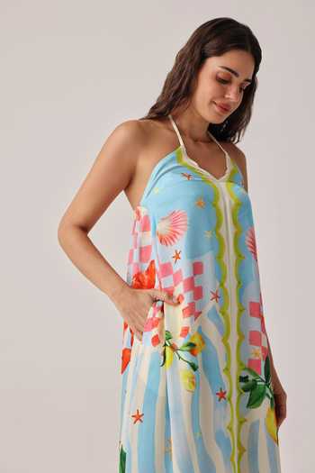 NOIB_Multi Color Satin, Modal Halter Neck Riva Summer Zest Coverup Crochet Dress _Online_at_Aza_Fashions