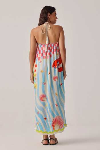 Shop_NOIB_Multi Color Satin, Modal Halter Neck Riva Summer Zest Coverup Crochet Dress _at_Aza_Fashions