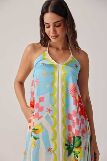 Buy_NOIB_Multi Color Satin, Modal Halter Neck Riva Summer Zest Coverup Crochet Dress _Online_at_Aza_Fashions