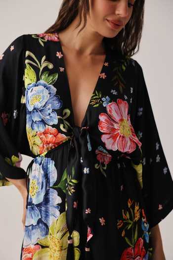 NOIB_Black Satin, Modal Plunge Neck Viola Bloom Coverup Dress _Online_at_Aza_Fashions