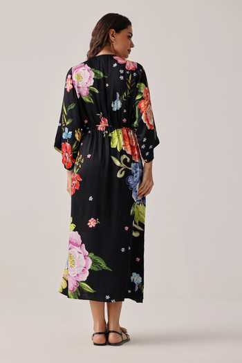 Shop_NOIB_Black Satin, Modal Plunge Neck Viola Bloom Coverup Dress _at_Aza_Fashions