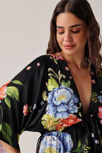 Buy_NOIB_Black Satin, Modal Plunge Neck Viola Bloom Coverup Dress _Online_at_Aza_Fashions