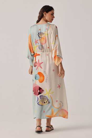 Shop_NOIB_Multi Color Satin, Modal V-neck Viola Seaborn Coverup Dress _at_Aza_Fashions