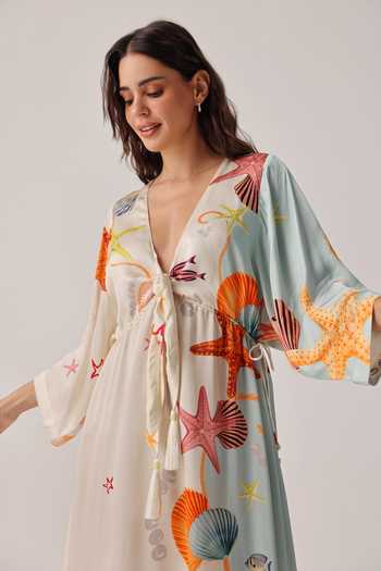 NOIB_Multi Color Satin, Modal V-neck Viola Seaborn Coverup Dress _Online_at_Aza_Fashions