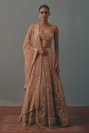 Buy_Arpita Mehta_Beige Net Bandeau Neck Embroidered Lehenga Set _at_Aza_Fashions