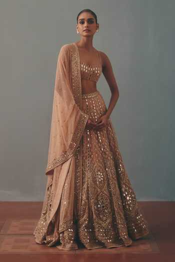 Arpita Mehta_Beige Net Bandeau Neck Embroidered Lehenga Set _Online_at_Aza_Fashions