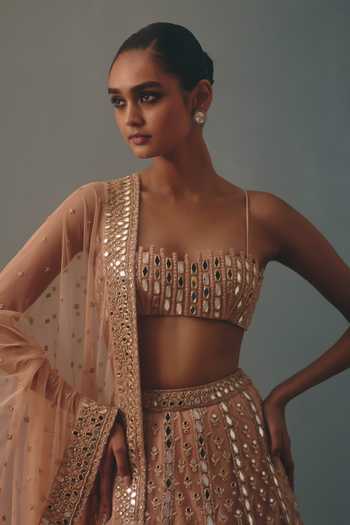 Buy_Arpita Mehta_Beige Net Bandeau Neck Embroidered Lehenga Set _Online_at_Aza_Fashions