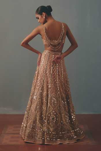 Shop_Arpita Mehta_Beige Net Bandeau Neck Embroidered Lehenga Set _at_Aza_Fashions