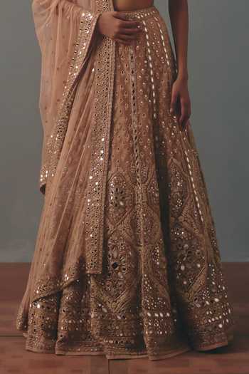 Shop_Arpita Mehta_Beige Net Bandeau Neck Embroidered Lehenga Set _Online_at_Aza_Fashions