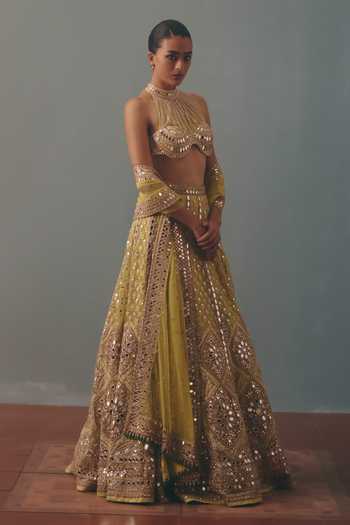 Arpita Mehta_Green Net Halter Neck Mirrorwork Embroidered Lehenga Set _Online_at_Aza_Fashions