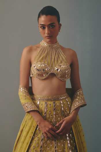 Buy_Arpita Mehta_Green Net Halter Neck Mirrorwork Embroidered Lehenga Set _Online_at_Aza_Fashions