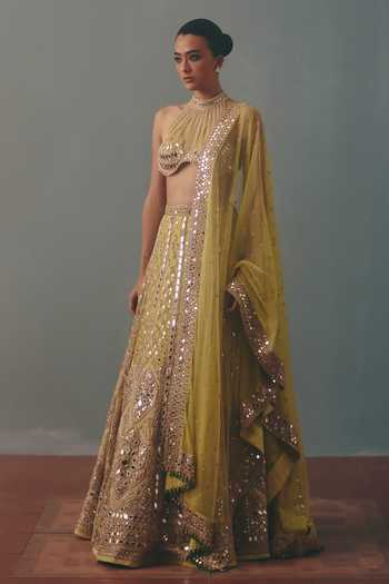 Shop_Arpita Mehta_Green Net Halter Neck Mirrorwork Embroidered Lehenga Set _Online_at_Aza_Fashions