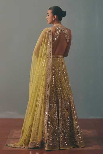 Shop_Arpita Mehta_Green Net Halter Neck Mirrorwork Embroidered Lehenga Set _at_Aza_Fashions