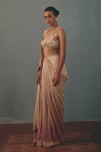 Arpita Mehta_Multicolor Georgette, Net Sweetheart Neck Embroidered Pre-draped Saree And Blouse Set _Online_at_Aza_Fashions