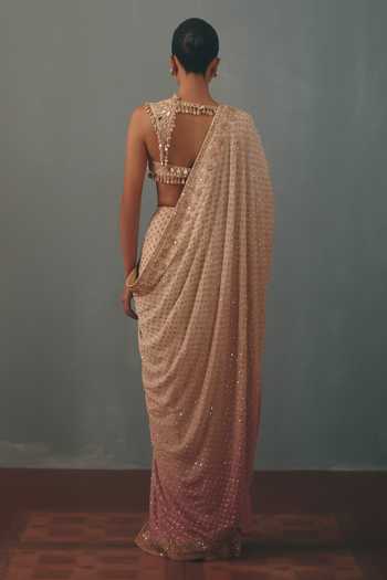 Shop_Arpita Mehta_Multicolor Georgette, Net Sweetheart Neck Embroidered Pre-draped Saree And Blouse Set _at_Aza_Fashions