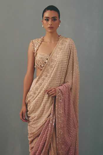Buy_Arpita Mehta_Multicolor Georgette, Net Sweetheart Neck Embroidered Pre-draped Saree And Blouse Set _Online_at_Aza_Fashions