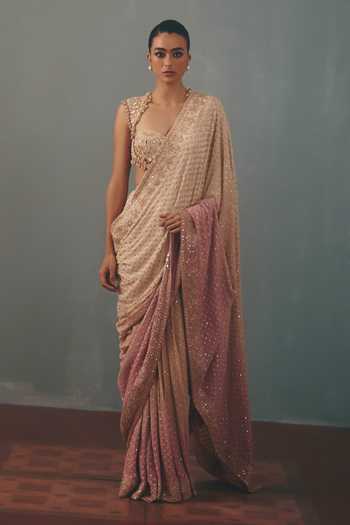 Shop_Arpita Mehta_Multicolor Georgette, Net Sweetheart Neck Embroidered Pre-draped Saree And Blouse Set _Online_at_Aza_Fashions