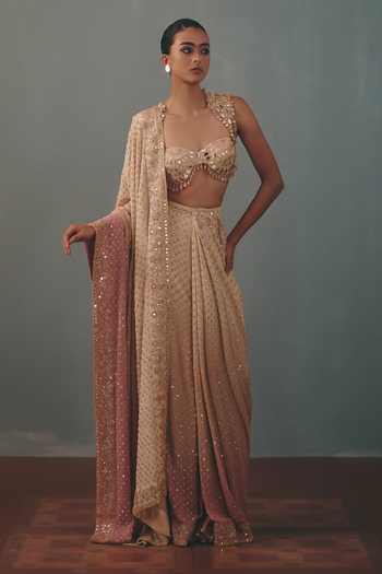 Arpita Mehta_Multicolor Georgette, Net Sweetheart Neck Embroidered Pre-draped Saree And Blouse Set _at_Aza_Fashions