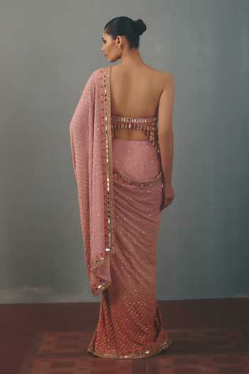 Shop_Arpita Mehta_Peach Georgette, Net Sweetheart Hand Embroidered Pre-draped Saree With Blouse _at_Aza_Fashions