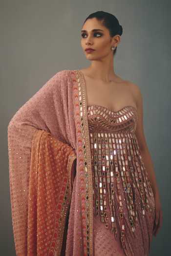 Arpita Mehta_Peach Georgette, Net Sweetheart Hand Embroidered Pre-draped Saree With Blouse _Online_at_Aza_Fashions