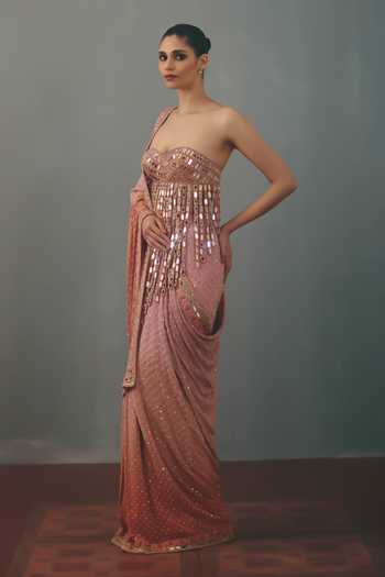 Buy_Arpita Mehta_Peach Georgette, Net Sweetheart Hand Embroidered Pre-draped Saree With Blouse _Online_at_Aza_Fashions