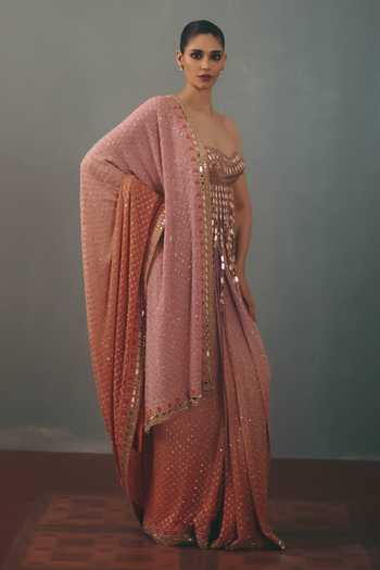 Shop_Arpita Mehta_Peach Georgette, Net Sweetheart Hand Embroidered Pre-draped Saree With Blouse _Online_at_Aza_Fashions