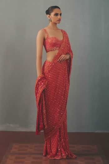 Arpita Mehta_Red Georgette Sweetheart Neck Hand Embroidered Pre-draped Saree With Blouse _Online_at_Aza_Fashions