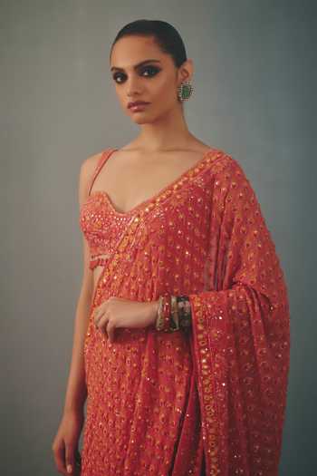 Buy_Arpita Mehta_Red Georgette Sweetheart Neck Hand Embroidered Pre-draped Saree With Blouse _Online_at_Aza_Fashions