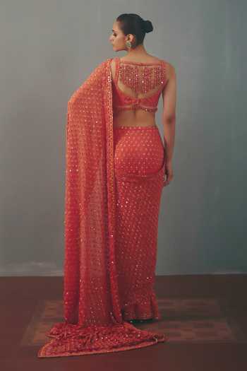 Shop_Arpita Mehta_Red Georgette Sweetheart Neck Hand Embroidered Pre-draped Saree With Blouse _at_Aza_Fashions