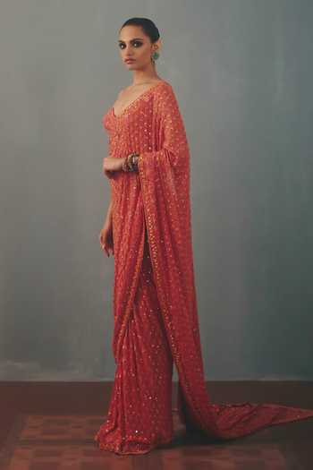 Shop_Arpita Mehta_Red Georgette Sweetheart Neck Hand Embroidered Pre-draped Saree With Blouse _Online_at_Aza_Fashions