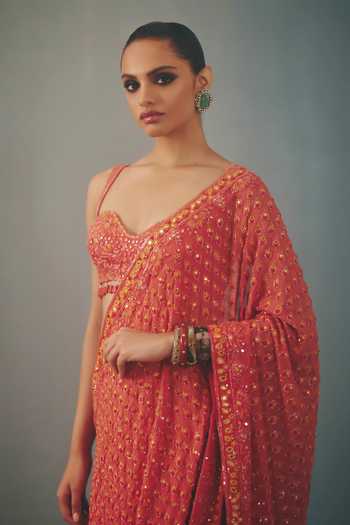 Arpita Mehta_Red Georgette Sweetheart Neck Hand Embroidered Pre-draped Saree With Blouse _at_Aza_Fashions