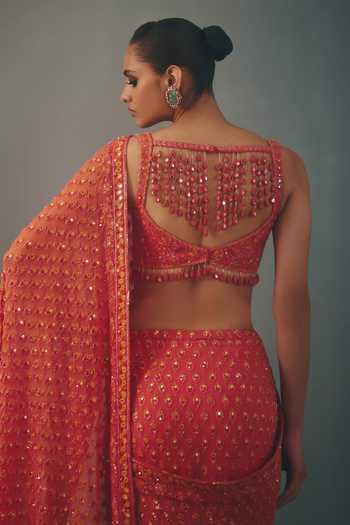 Buy_Arpita Mehta_Red Georgette Sweetheart Neck Hand Embroidered Pre-draped Saree With Blouse 