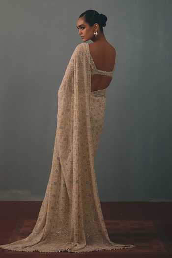 Shop_Arpita Mehta_Gold Georgette V-neck Floral Embroidered Pre-draped Saree With Blouse _at_Aza_Fashions