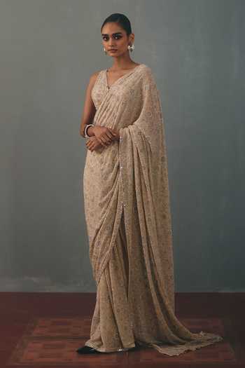 Arpita Mehta_Gold Georgette V-neck Floral Embroidered Pre-draped Saree With Blouse _Online_at_Aza_Fashions