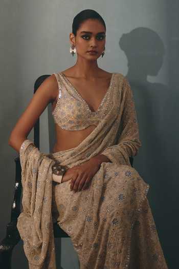 Buy_Arpita Mehta_Gold Georgette V-neck Floral Embroidered Pre-draped Saree With Blouse _Online_at_Aza_Fashions