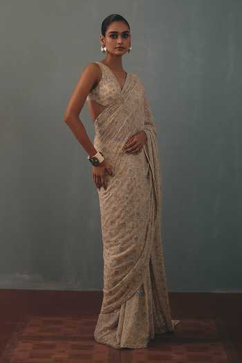 Shop_Arpita Mehta_Gold Georgette V-neck Floral Embroidered Pre-draped Saree With Blouse _Online_at_Aza_Fashions
