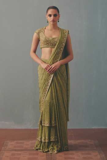 Buy_Arpita Mehta_Green Georgette, Net Scoop Neck Pani Embroidered Pre-draped Saree With Blouse _at_Aza_Fashions
