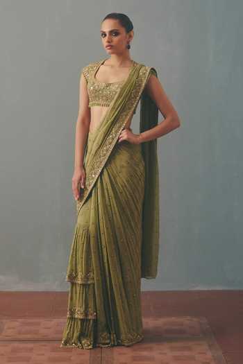 Arpita Mehta_Green Georgette, Net Scoop Neck Pani Embroidered Pre-draped Saree With Blouse _Online_at_Aza_Fashions
