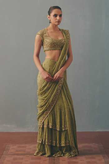 Buy_Arpita Mehta_Green Georgette, Net Scoop Neck Pani Embroidered Pre-draped Saree With Blouse _Online_at_Aza_Fashions