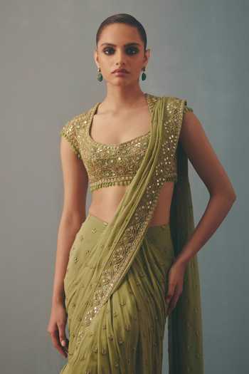 Shop_Arpita Mehta_Green Georgette, Net Scoop Neck Pani Embroidered Pre-draped Saree With Blouse _Online_at_Aza_Fashions
