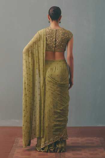 Shop_Arpita Mehta_Green Georgette, Net Scoop Neck Pani Embroidered Pre-draped Saree With Blouse _at_Aza_Fashions