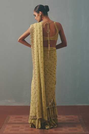 Shop_Arpita Mehta_Gold Georgette, Net Scoop Neck Embroidered Pre-draped Saree With Blouse _at_Aza_Fashions