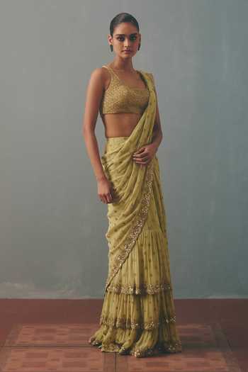 Arpita Mehta_Gold Georgette, Net Scoop Neck Embroidered Pre-draped Saree With Blouse _Online_at_Aza_Fashions