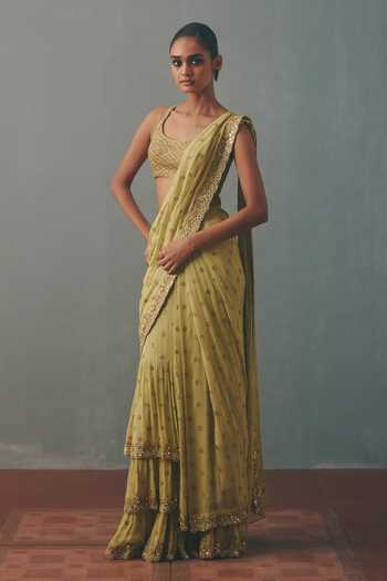 Buy_Arpita Mehta_Gold Georgette, Net Scoop Neck Embroidered Pre-draped Saree With Blouse _Online_at_Aza_Fashions