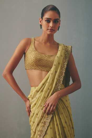 Shop_Arpita Mehta_Gold Georgette, Net Scoop Neck Embroidered Pre-draped Saree With Blouse _Online_at_Aza_Fashions